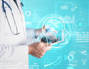 Double exposure of doctor using tablet and artificial intelligence model. Machine learning concept