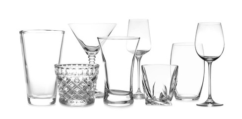 Set of empty glasses on white background. Banner design