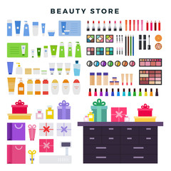 Fototapeta na wymiar Beauty store with decorative and care cosmetics, big set of icons. Different cosmetics, gifts, creams, isolated on white background, vector illustration.
