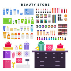 Beauty store with decorative and care cosmetics, big set of icons. Different cosmetics, gifts, creams, isolated on white background, vector illustration.