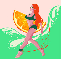 beautiful girls swim with circles in the form of oranges summer party, concept for website or application on the phone, happy summer pictures for the background, concept of relaxation