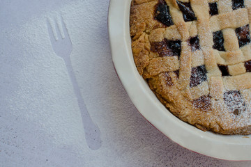 piece of cake on beige plate with fork contour made with sugar powder, top view  