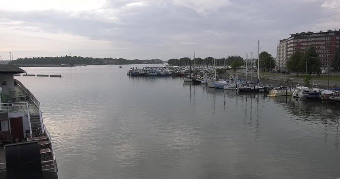 4K Helsinki Baltic Sea Finnish Bay lagoon, yachts, cruise liners view on cloudy summer day video in Finland, northern Europe