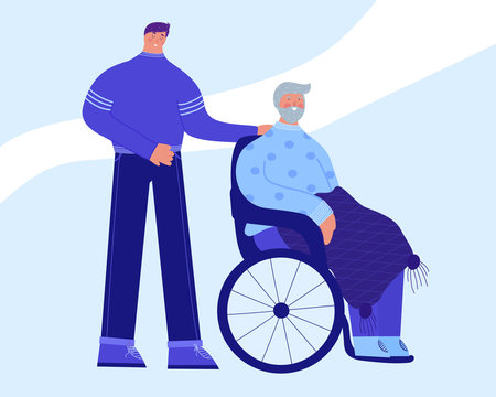 A Male Volunteer Helps An Elderly Disabled Person. Care For The Elderly. Vector Illustration.