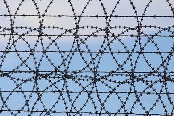 Barbed wire and razor wire wheels against a blue sky background