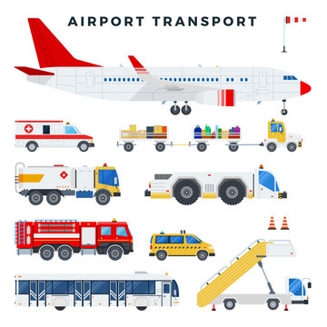 Aircraft and vehicles of the airport ground services. Vector illustration in flat style.