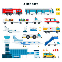 Airport, set of icons. Airport building, control tower, aircraft, vehicles of the airport ground services, etc. Vector illustration in flat style.