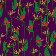 Seamless tropical pattern with strelitzia and leaves, hand drawn illustration