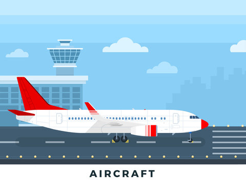 Airplane on the runway vector flat illustration.