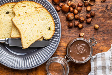 Hazelnut spread and toast bread. Chocolate cream.