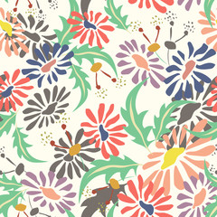 Vector floral seamless pattern. Tropical background with exotic jungle flowers, leaves, hand drawn elements. Abstract botanical ornament. Bright colors. Summer style. Repeated design for wallpapers