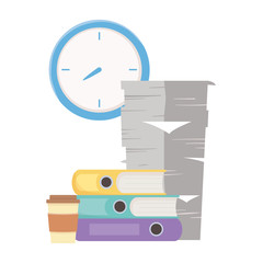 stress at work, pile of papers binders coffee cup and clock