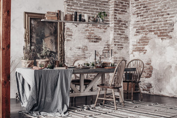 antique interior, dining table in the living room