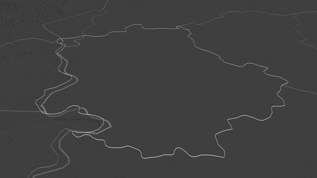Zapadno-Bački, district with its capital, zoomed and extruded on the bilevel map of Serbia in the conformal Stereographic projection. Animation 3D