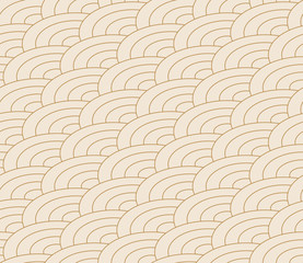 Seamless japanese isometric wave pattern. Repeating ocean water curve chinese texture. Gold and white line art vector illustration. Vintage geometric shape background. Retro sea ornament