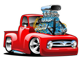 American classic hot rod pickup truck cartoon illustration with huge chrome engine, red hot paint, big tires and chrome rims, cool low rider stance.