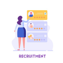 HR manager choosing cv portfolio of new employees. Headhunting agency. Concept of recruitment service, employees hiring, search for job candidates. Vector illustration for web and mobile app