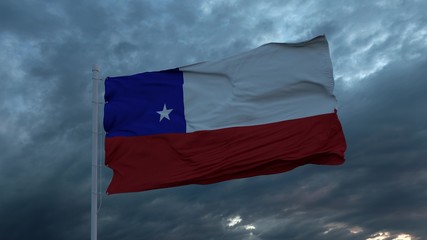 Realistic flag of Chile waving in the wind against deep heavy stormy sky. 3d illustration
