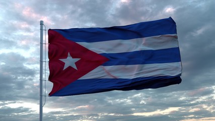 Realistic flag of Cuba waving in the wind against deep Dramatic Sky. 3d illustration