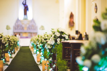 Fototapeta na wymiar Church decorated with flowers for wedding