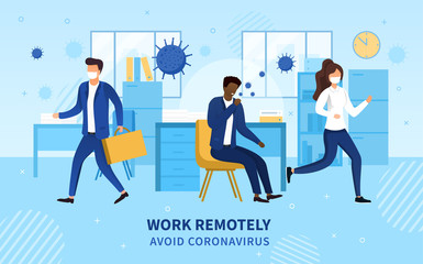 Work Remotely concept with workers fleeing an office as a colleague sits at his desk coughing infectious coronavirus molecules into the air, colored vector illustration