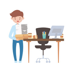 stress at work, stressed employee carrying pile of papers in office desk chair laptop