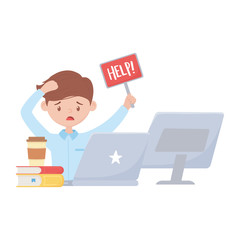 stress at work, worried employee with help laptop computer and books