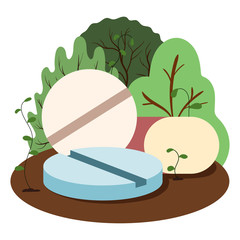 Tablets and capsules for antibiotics lie on the ground. Medicines for many diseases, flu, virus, coronavirus, hepatitis, cancer, pneumonia, covid-19, epidemics. Vector flat cartoon illustration.