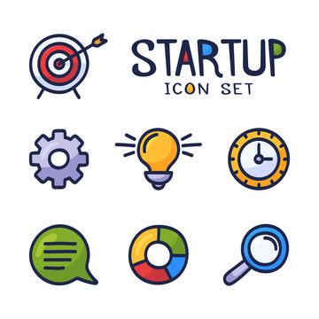 Hand drawn cartoon Start Up or Business Related Vector doodle Icons set. Contains such Icons as Bulb, Target, Chart and more.
