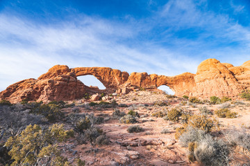 North and South Window Arches at Arches National Park when Sun is rising