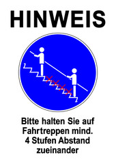 ds213 DiskretionSchild - HINWEIS: Rolltreppe - Bitte halten Sie auf Fahrtreppen mindestens 4 Stufen Abstand zueinander. - Vorlage - Aushang / Druckvorlage DIN A1 A2 A3 A4 - g9628