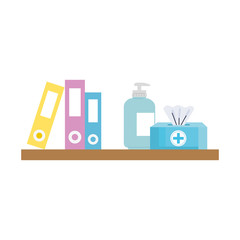 bottle sanitizer with box tissue and books in shelving vector illustration design