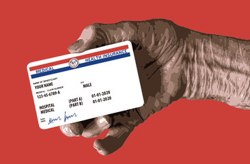 Here is a mock, generic, 2020 Medicare Health Insurance card held in an elderly hand. It does not use the word Medicare on the card but resembles a real Medicare card.  Vector image.