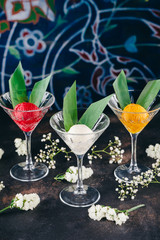 Martini glasses with scoops of ice cream