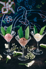 Martini glasses with scoops of ice cream