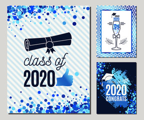 Graduate 2020 greeting cards set in blue colors. Three vector grad party invitations. Class of Grad posters. All isolated and layered