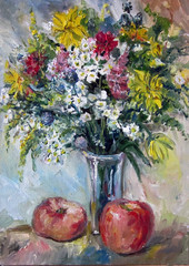 Flowers n a vase and Fruits. oil Paintings