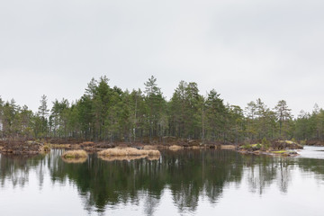 Autumn landscape. Sweden. Lake, calm water, forest reflection in the water clouds