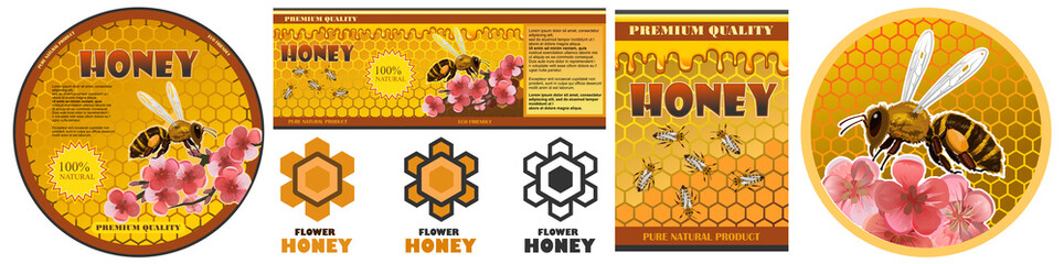Honey label for jar, pack, packing, packaging. Vector. Concept design farmer products. Logo. Organic rustic natural farm product.
Set of stickers.