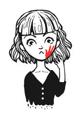 Illustration for Domestic Violence Awareness Month. Girl with red slap spot. Scared woman. Hand drawn graphic illustration.