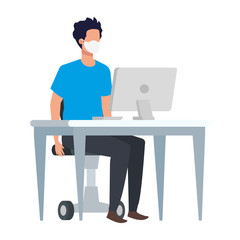 young man using face mask in workplace vector illustration design