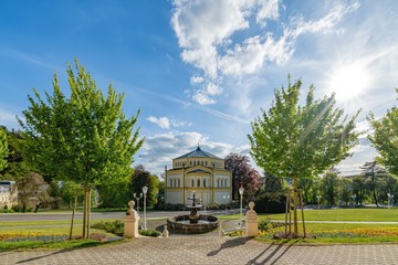 Goethe Square - Catholic church in the park of small spa town Marianske Lazne (Marienbad) - Czech Republic