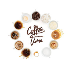 Coffee beans spelling the Coffee Time with circle of coffee cups isolated on white