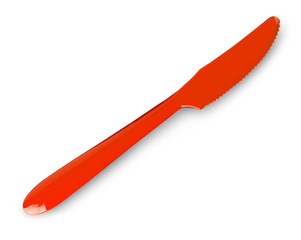 red plastic  knife isolated on white background.. Top view