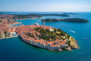 The old town of Rovinj and Adriatic sea in beautiful aerial view, Istria, Croatia
