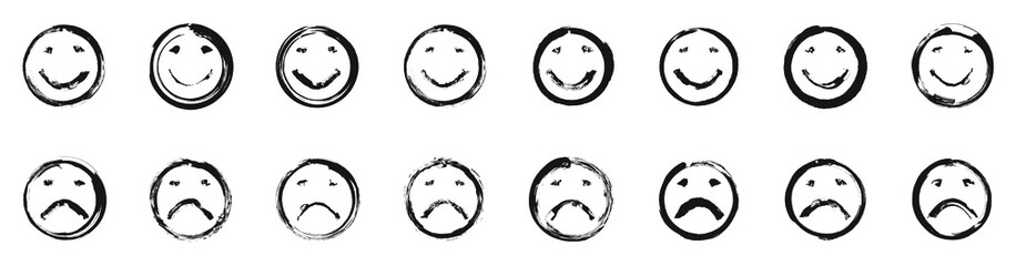 Sad and happy smiles. Set of the emoji symbols. Black ink handwriting. Vector
