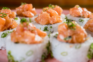 Three maki rolls in a row with salmon, eel and cucumber isolated on white background. Fresh hosomaki pieces with rice and nori. Closeup of delicious japanese food with sushi roll.