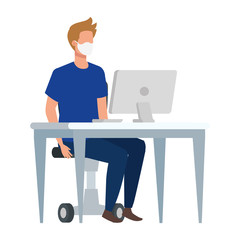 young man using face mask in workplace vector illustration design