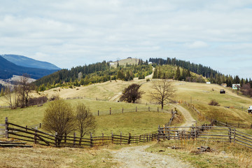 Landscape Freeride in the wild Carpathian mountain near big rocks.