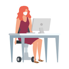 young woman using face mask in workplace vector illustration design